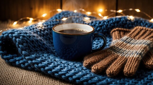 Steaming mug of coffee rests on blue knit blanket next to brown gloves. Cozy warm lights glow in background. Perfect for autumn or winter relaxation indoors.