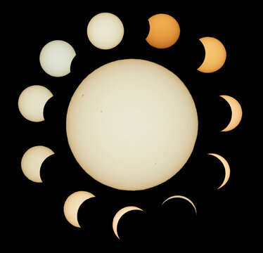 Saint-Come-De-Fresne, France - 08 12 2026: Composite image of the different phases of a partial eclipse covered up to 93,4%