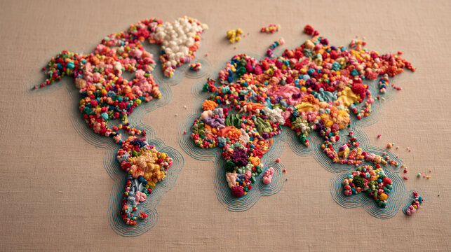 Colorful Embroidered World Map on Linen Fabric