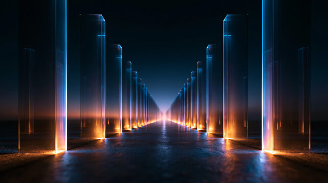 Futuristic Corridor with Glowing Glass Pillars and Vanishing Perspective