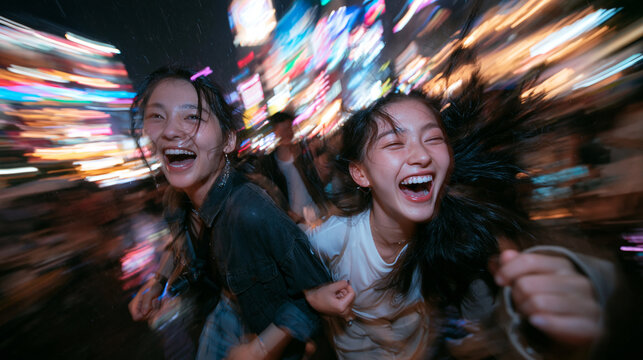 Happy Young Asian Women Running in Neon City at Night