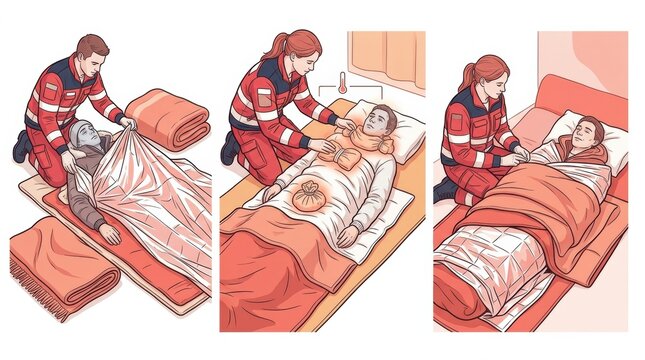 Two responders provide first aid to a patient using warming treatment in a workplace emergency response scenario. Steps show care and attention.