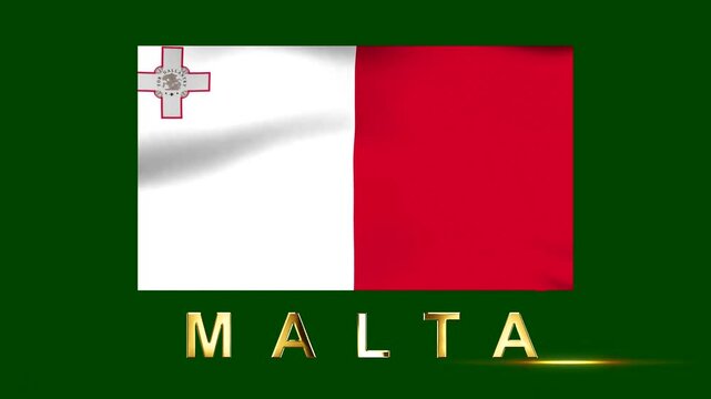 Waving national flag of Malta with golden text on a deep green background