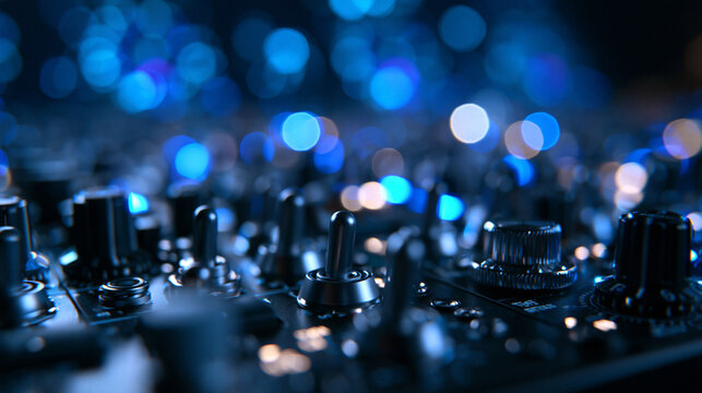DJ Audio Mixer Console with Blue Bokeh Stage Lighting