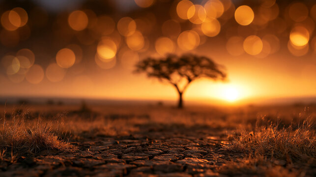 Cracked Dry Earth in Arid Savanna at Sunset