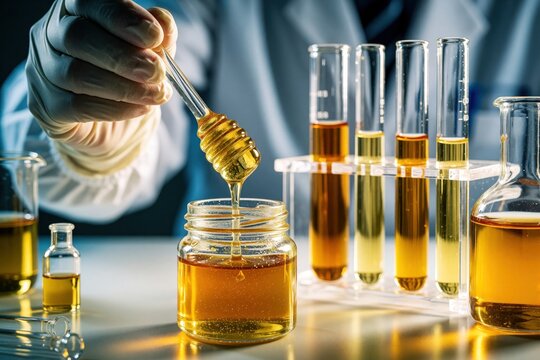 Scientist tests honey viscosity in lab. Gloved hand holds dipper over jar with amber liquid. Test tubes with samples on rack near glassware, research equipment.