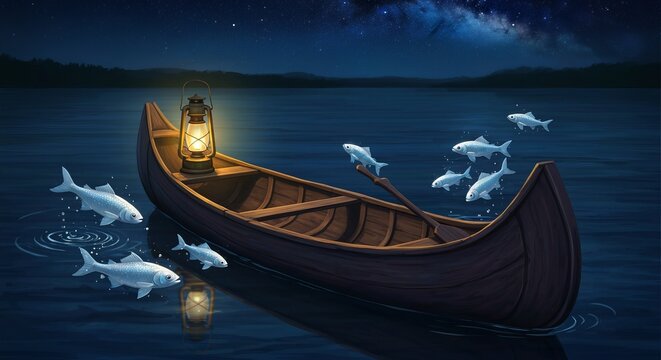 Rustic canoe with lantern and silver fish leaping around it under a starry sky, cinematic lighting, painterly