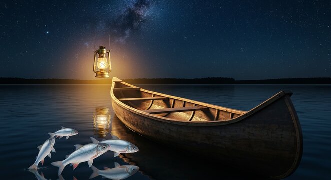 Rustic canoe with lantern and silver fish leaping around it under a starry sky, cinematic lighting, painterly