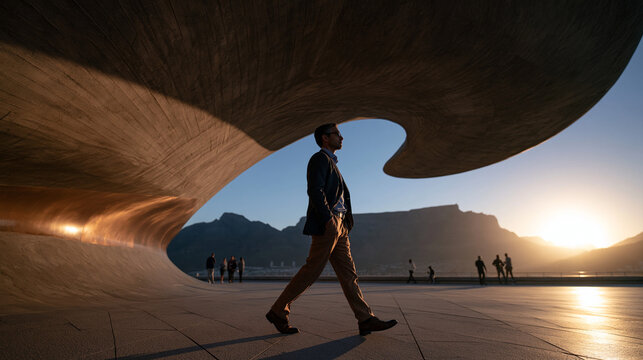 Businessman Walking Past Modern Curved Architecture at Sunset