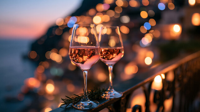 Rose Wine Glasses on Balcony Overlooking Amalfi Coast at Twilight