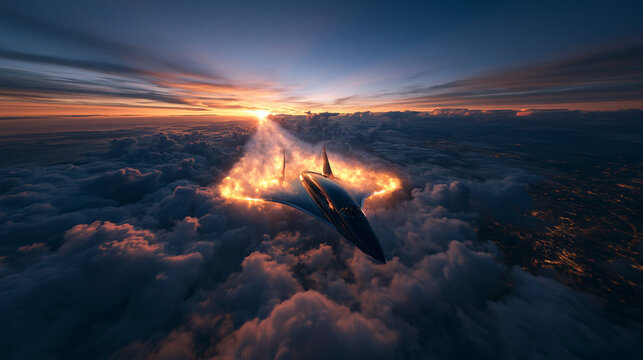 Futuristic Fighter Jet Breaking Sound Barrier Above Clouds at Sunset