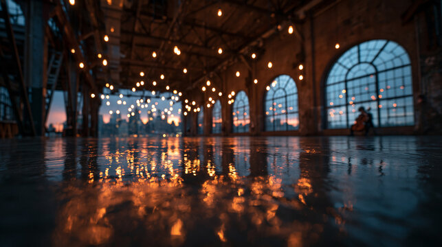 Industrial Loft Event Venue with String Lights at Dusk