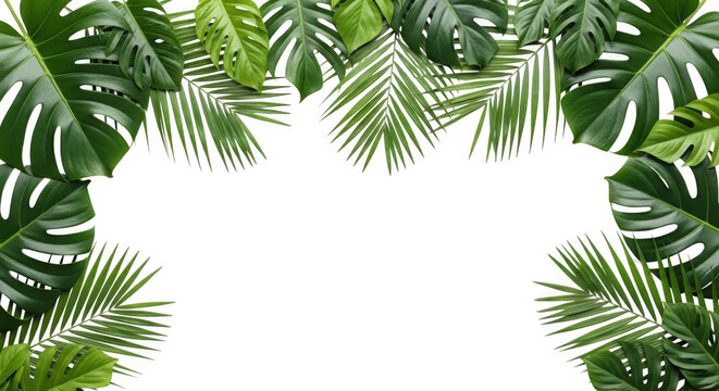 Tropical palm and monstera leaves frame isolated on white background
