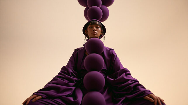 Fashion Model in Avant-Garde Purple Coat with Sculptural Spheres