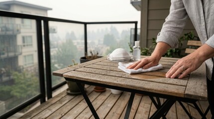 Naklejka premium Person wiping ash off a wooden balcony table with a cloth. N95 masks and hand sanitizer ready during a wildfire smoke hazard