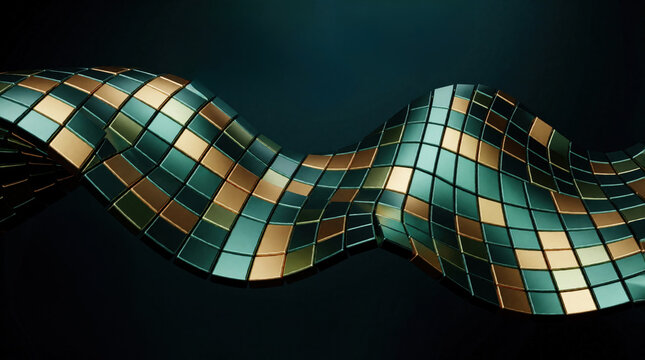 Abstract 3D render of wavy metallic tiles in green, gold colors. Geometric pattern flows like digital wave on dark background. Luxury texture with shiny reflective surfaces for modern tech concept,