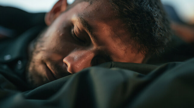Exhausted Young Man Sleeping Outdoors in Sunlight