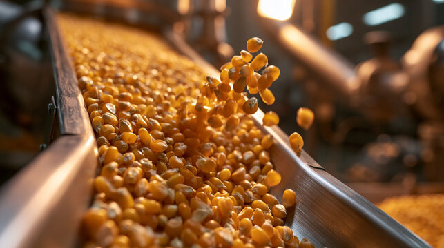 Corn Kernels Moving Along Conveyor Belt in Processing Factory