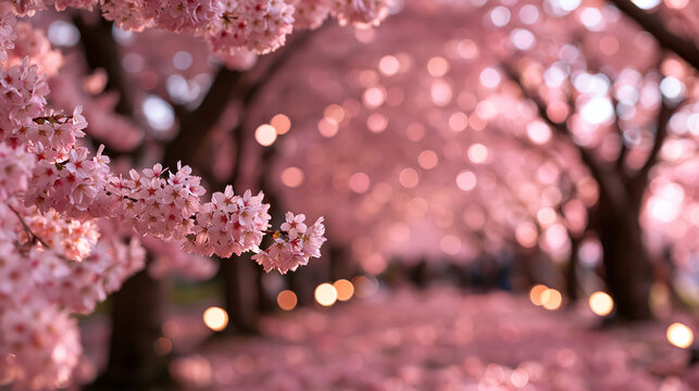 Pink Cherry Blossom Tree Tunnel Blooming in Spring