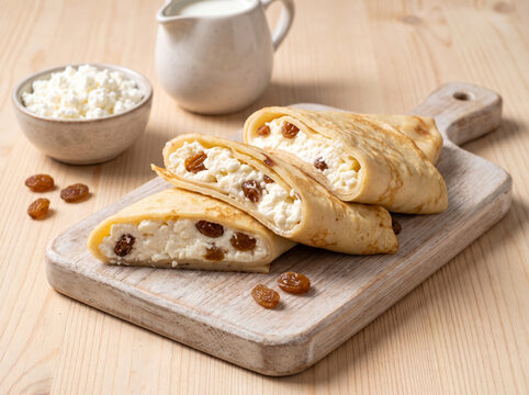 Rolled crepes with cottage cheese and raisins on a board