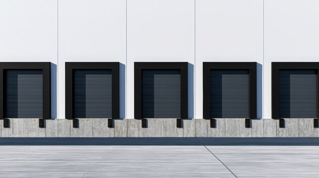Modern warehouse facade with multiple loading docks and closed gray roller doors, representing global logistics, distribution, supply chain management, and efficient cargo shipping operations