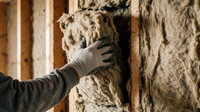Worker installs fluffy insulation material into wooden wall frame. Close up hand with glove pushes soft fiberboard batts for energy efficiency in new house construction.