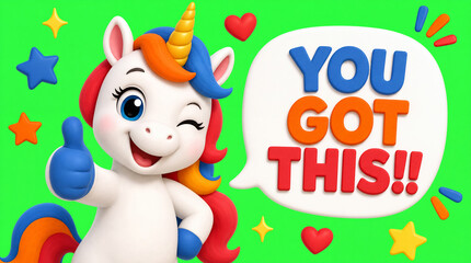 Naklejka premium Cute cartoon unicorn winks and gives thumbs-up next to YOU GOT THIS!! speech bubble on green background with stars and hearts