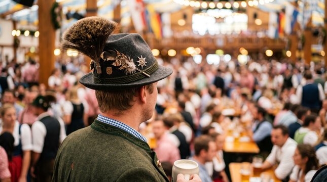 Rear view of a man wearing a traditional feathered Bavarian hat and holding beer inside a crowded Oktoberfest tent