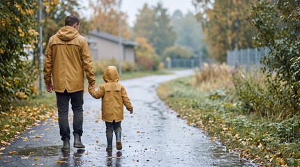Fototapeta premium Father and child walking together on a wet path in autumn rain