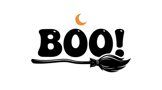 Halloween boo text design with a witch broomstick and a crescent moon isolated on white background