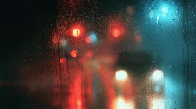 Rain-streaked window with blurred city lights and wet reflections at night