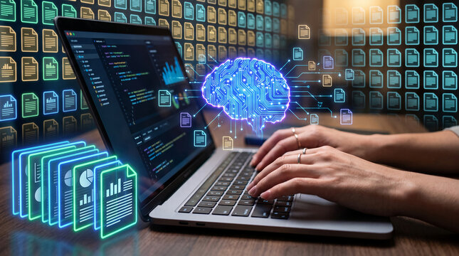 Digital brain on laptop with glowing document icons, showcasing data processing, AI, and information management, conceptual for technology and business