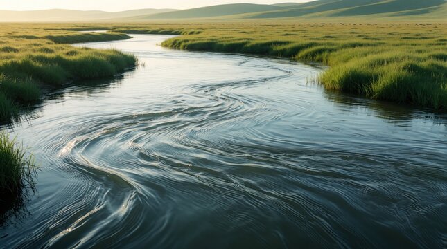 A winding river flows through green grassy plains under a soft sky. Gentle currents create ripples and patterns on the water surface. Nature and fluidity are depicted in this calm landscape.