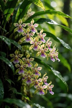 Rare Aerides houlettiana orchid blooms in tropical Thailand jungle. Yellow, purple wild flowers grow on tree branch among green leaves. Exotic plant details in rainforest habitat. Natural flora macro