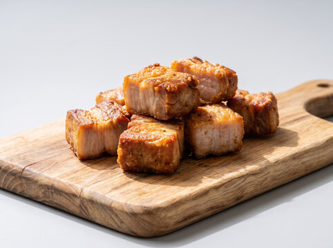 Crispy fried pork belly cubes served on a wooden cutting board