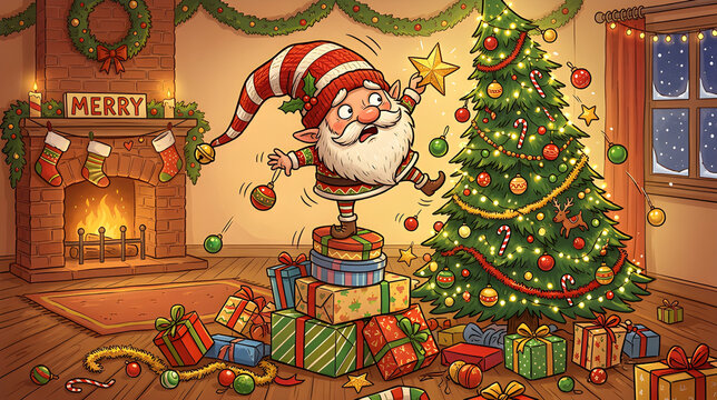 Funny Christmas gnome attempting to decorate a Christmas tree, standing on an unstable pile of presents, ornaments falling everywhere, silly worried expression, long floppy hat, humorous festive 