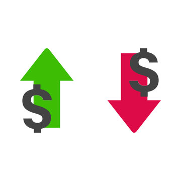 Green up arrow and red down arrow with dollar signs showing financial market trends
