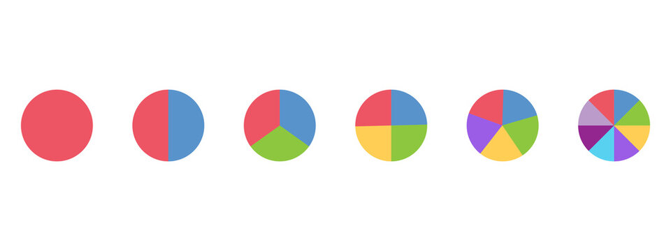 Set of colorful pie charts with different segments showing fractions and statistics