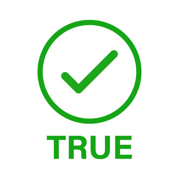 Green check mark icon with the word true underneath representing correct and approved status
