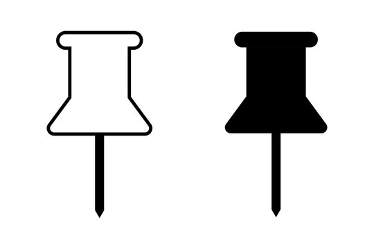Black and outline push pin icons set for office work and location marking on paper