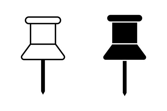 Black push pin icon set in outline and solid style for office and stationery design elements