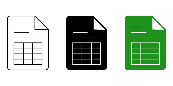 Set of document icons with spreadsheet grid lines in black and green colors