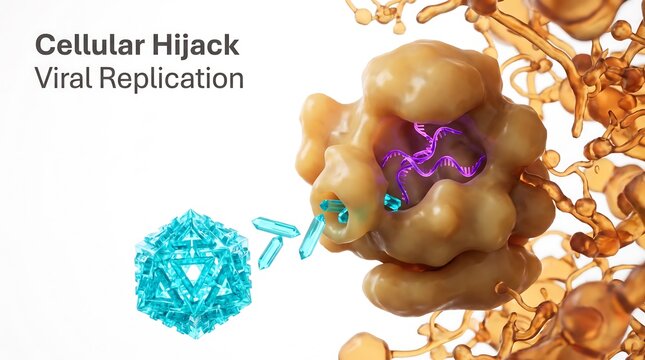 Cellular hijack process showing viral replication inside a healthy biological cell