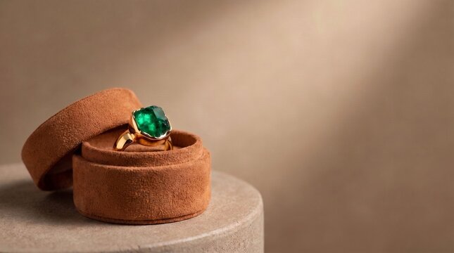 gold ring with emerald in velvet box wedding proposal luxury concept