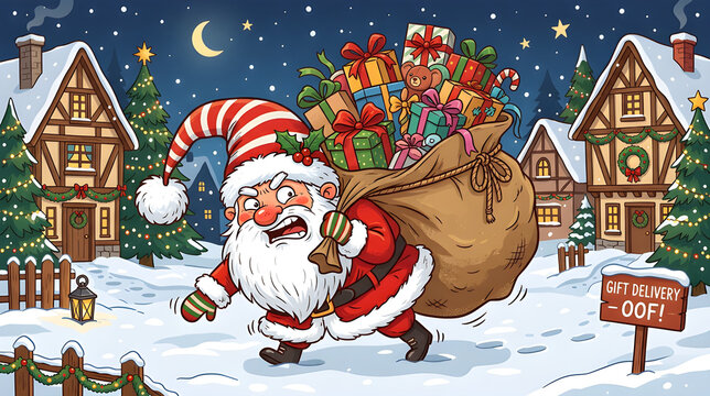 Funny Christmas gnome wearing an oversized Santa suit, carrying a giant sack of presents, struggling under the weight, exaggerated funny expression, long pointed hat and fluffy beard, cheerful 