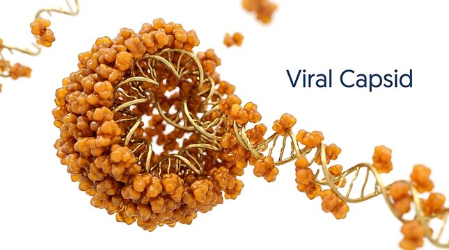 Microscopic view of viral capsid structure and genetic material with genetics
