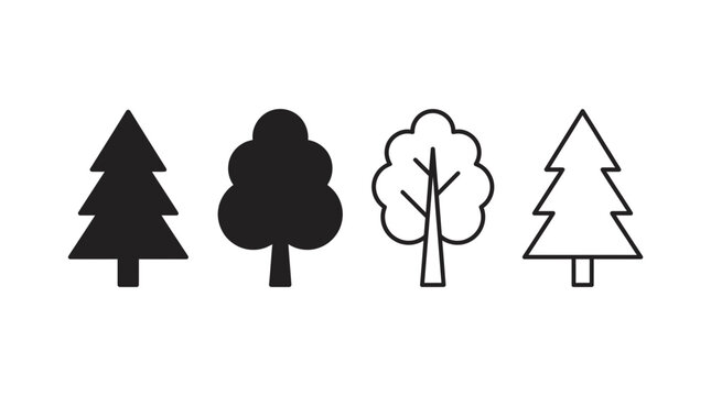 Four tree silhouettes and line drawings on a white background