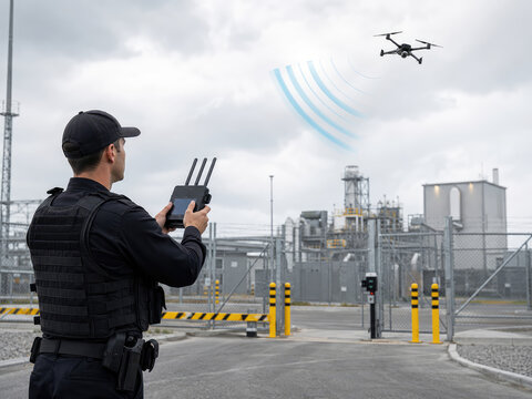 Security Officer Operating Surveillance Drone at Critical Infrastructure Facility
