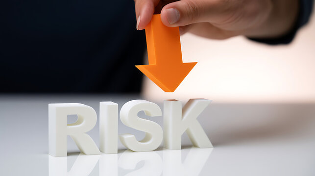 Human hand places an orange down arrow symbol above the white 3D text word 'RISK' on a light surface, conceptual image