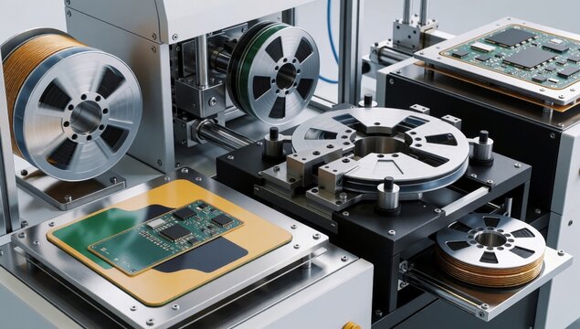 Close-up printer machine made metal has metallic frame left side there spool filament right smaller spools cen
